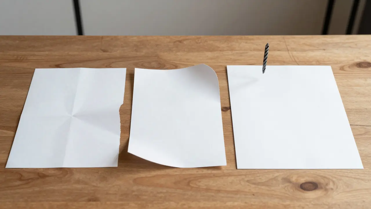 Trois types de papier comparés : un A4 déchiré, un carton fin et un carton rigide, avec un foret au-dessus du meilleur.