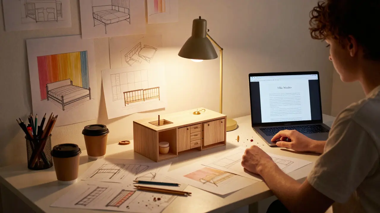 Un designer travaille tard dans la nuit, entouré de croquis, d'un prototype de cuisine et d'une soumission numérique.