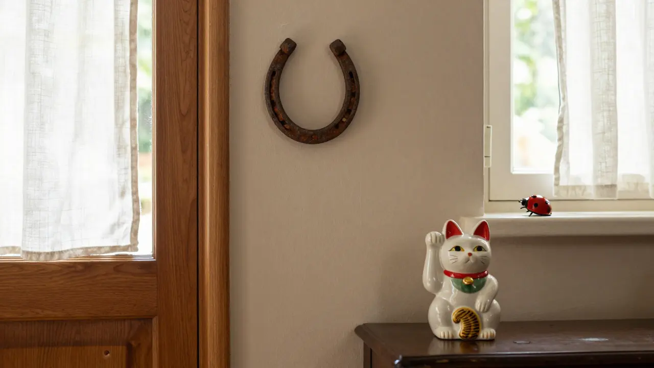 Un fer à cheval au-dessus d'une porte d'entrée avec un chat Maneki-neko et une coccinelle sur un rebord de fenêtre.