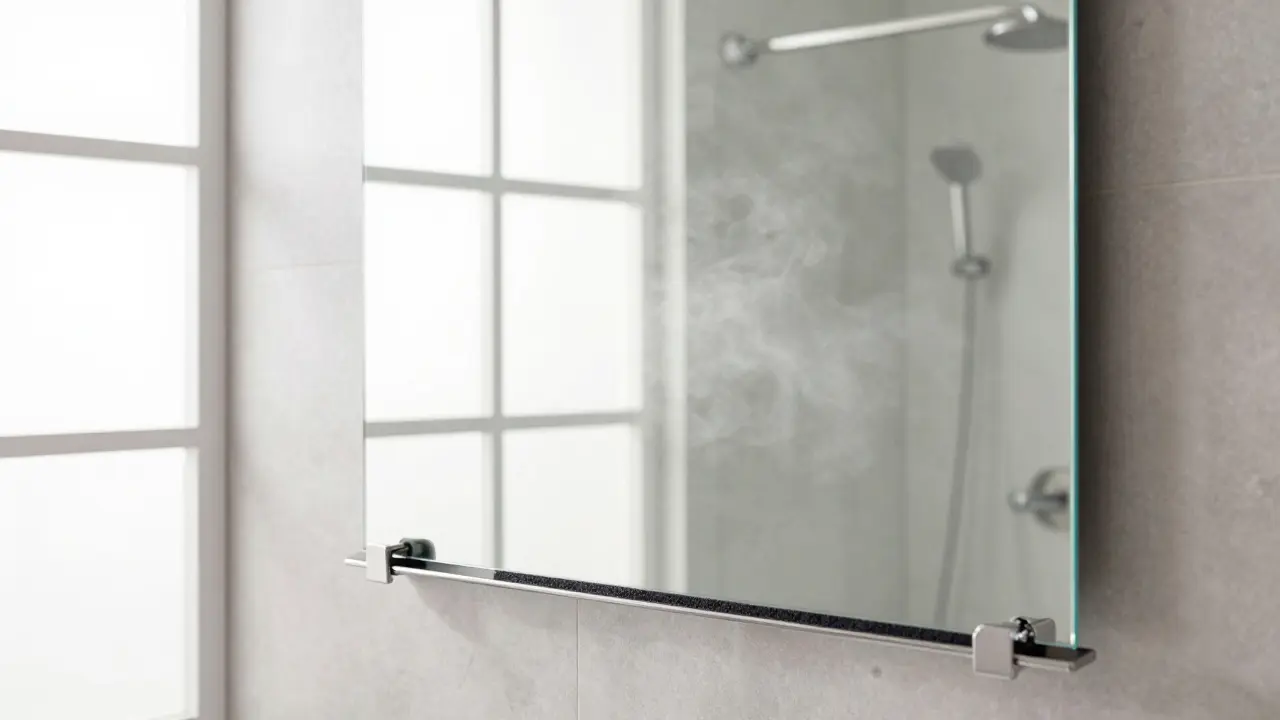 Un grand miroir sans cadre monté sur un rail métallique dans une salle de bain élégante, avec des tampons en silicone en bas.