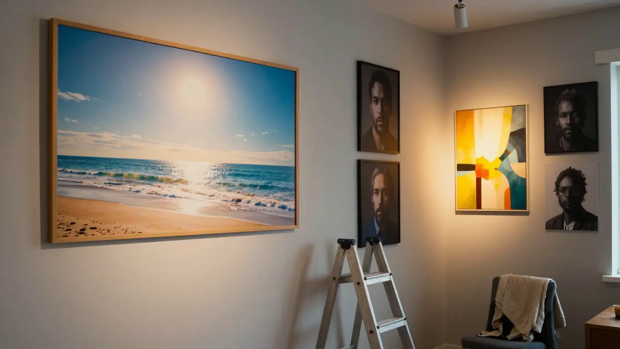 Un mur d'art en été avec une photo de plage et un mur d'hiver avec des portraits sombres et une lumière douce derrière une œuvre.