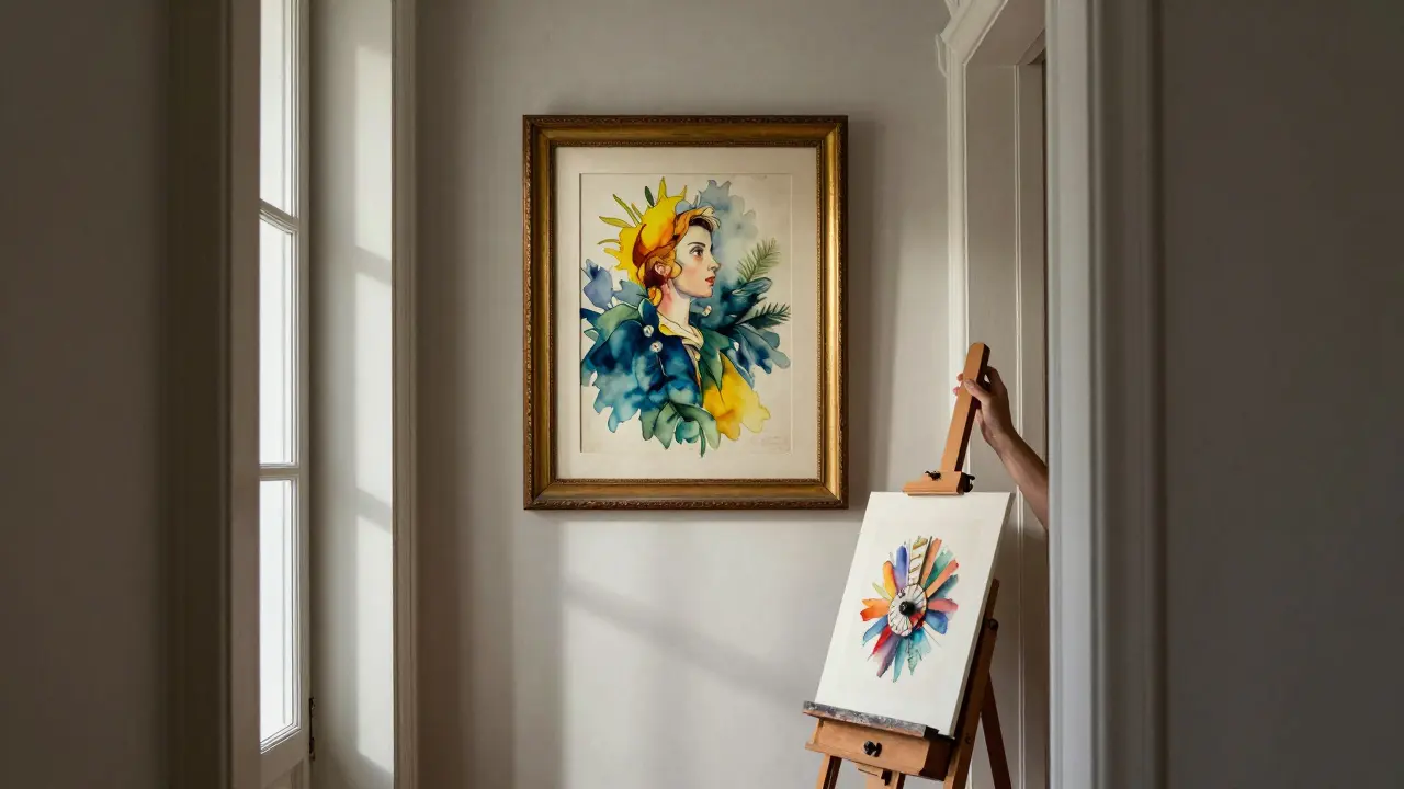 Une aquarelle oubliée nouvellement accrochée dans un couloir, éclairée par un rayon de soleil, avec un chevalet à côté.