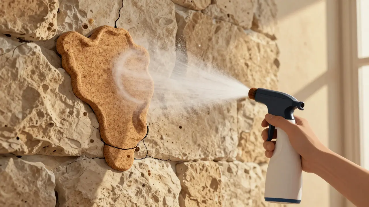 Application en spray de liège sur un mur en pierre ancienne, finition continue et sans joint.