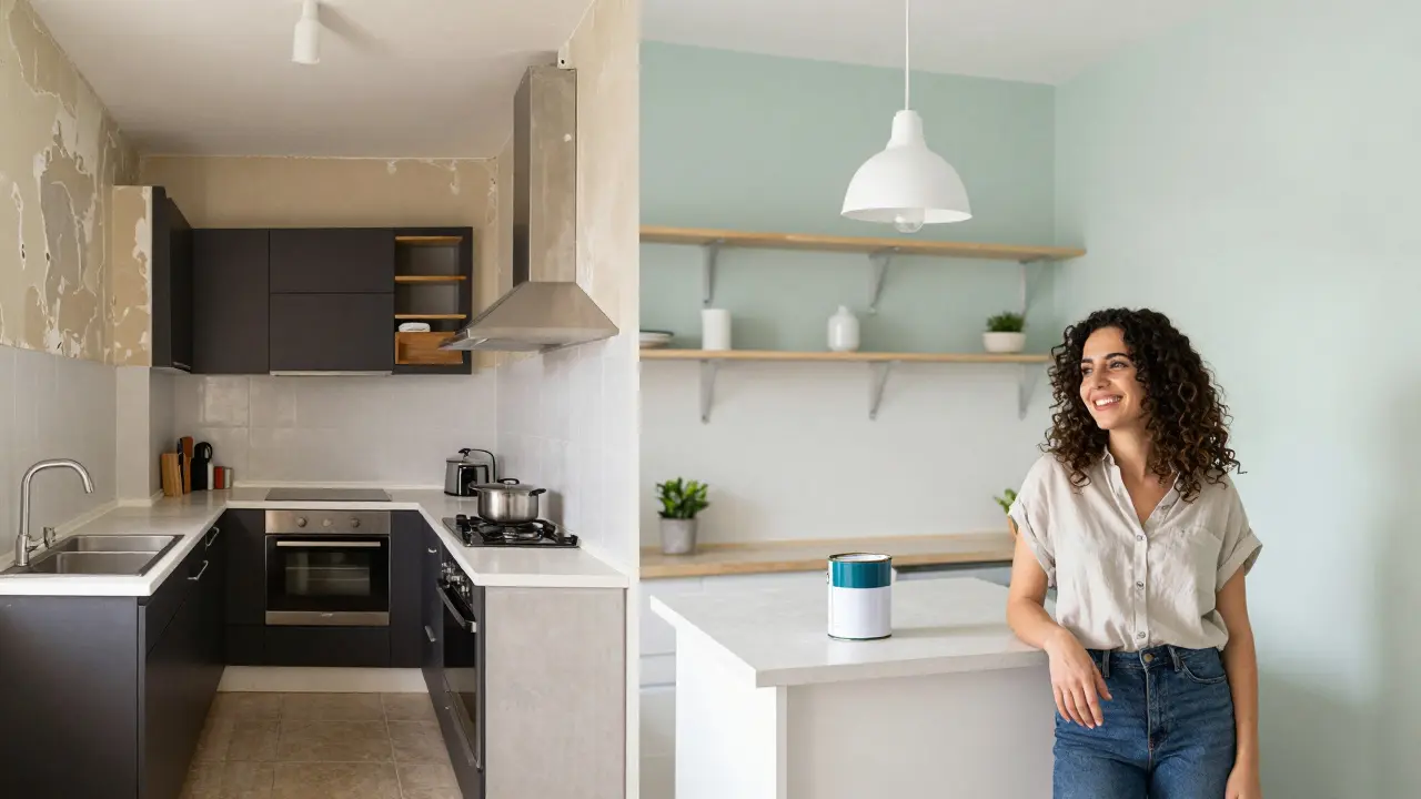 Avant-après d'une cuisine transformée : sombre et étroite à gauche, lumineuse et fonctionnelle à droite, avec une boîte de peinture à prix abordable.