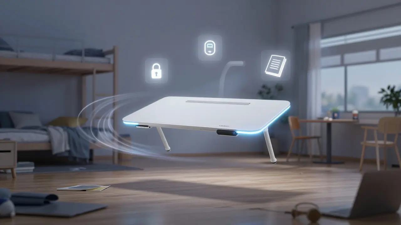 Bureau portable Lenart flottant au-dessus d'un appartement, avec lumières LED et icônes représentant ses fonctions : serrure, charge, poignée.