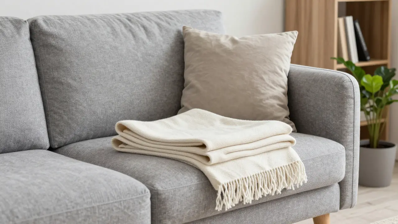 Canapé gris moderne avec un jeté crème aux bords frangés, posé sobrement, dans un intérieur scandinave lumineux et épuré.