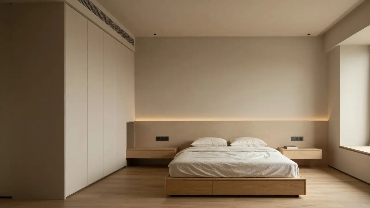 Chambre minimaliste avec rangement caché sous lit