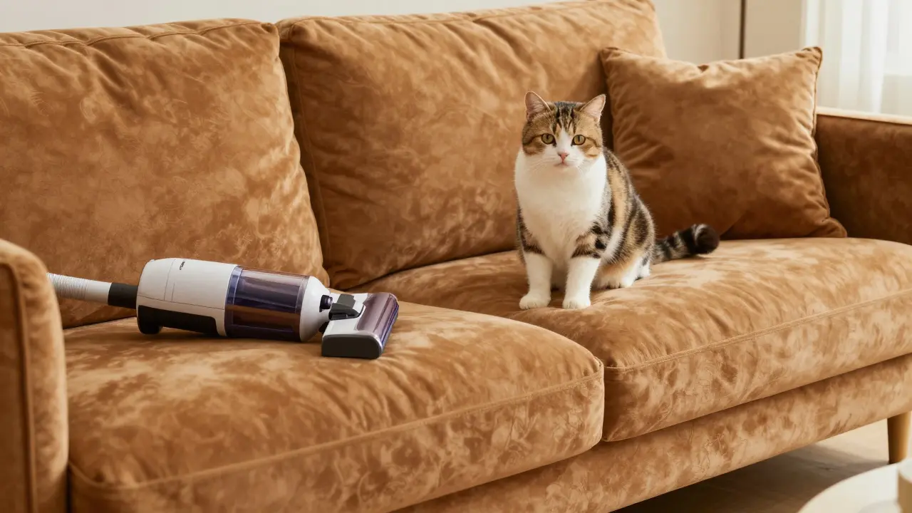 Chat reposant à côté d'un canapé en velours robuste et facile à nettoyer.