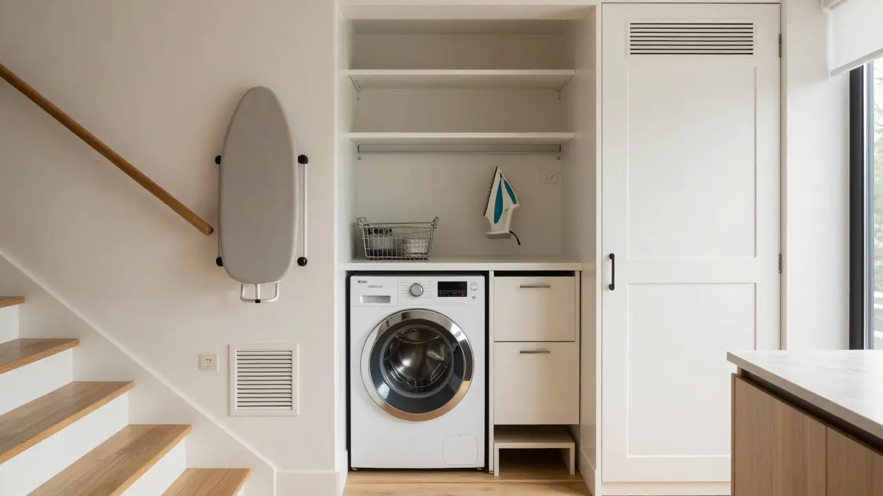 Coin buanderie caché sous escalier avec rangement vertical, tiroirs sous machines et porte discrète intégrée au mobilier.