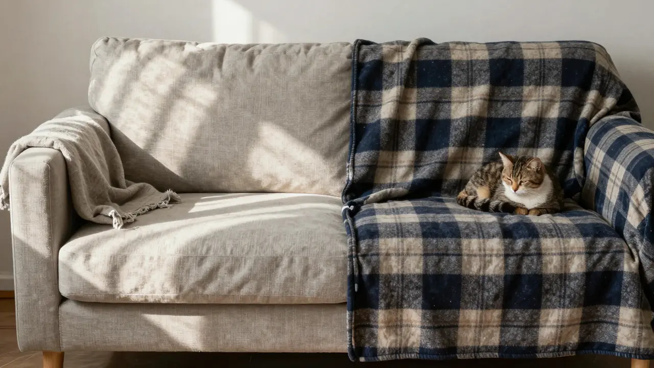 Comparaison visuelle : un plaid léger en lin d’un côté, un jeté épais en flanelle de l’autre, montrant deux niveaux de chaleur.