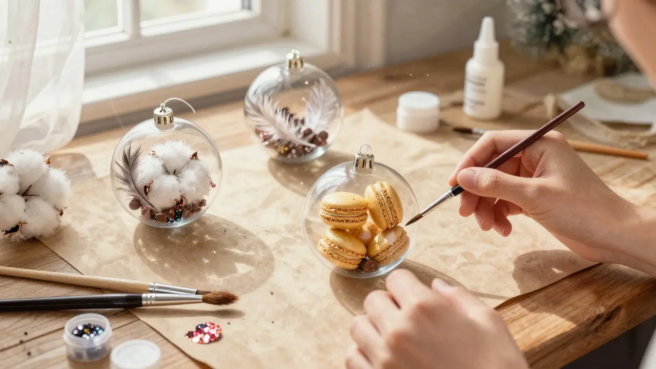 Des boules de Noël transparentes remplies de coton, plumes et macarons, en cours de fabrication sur une table en bois.