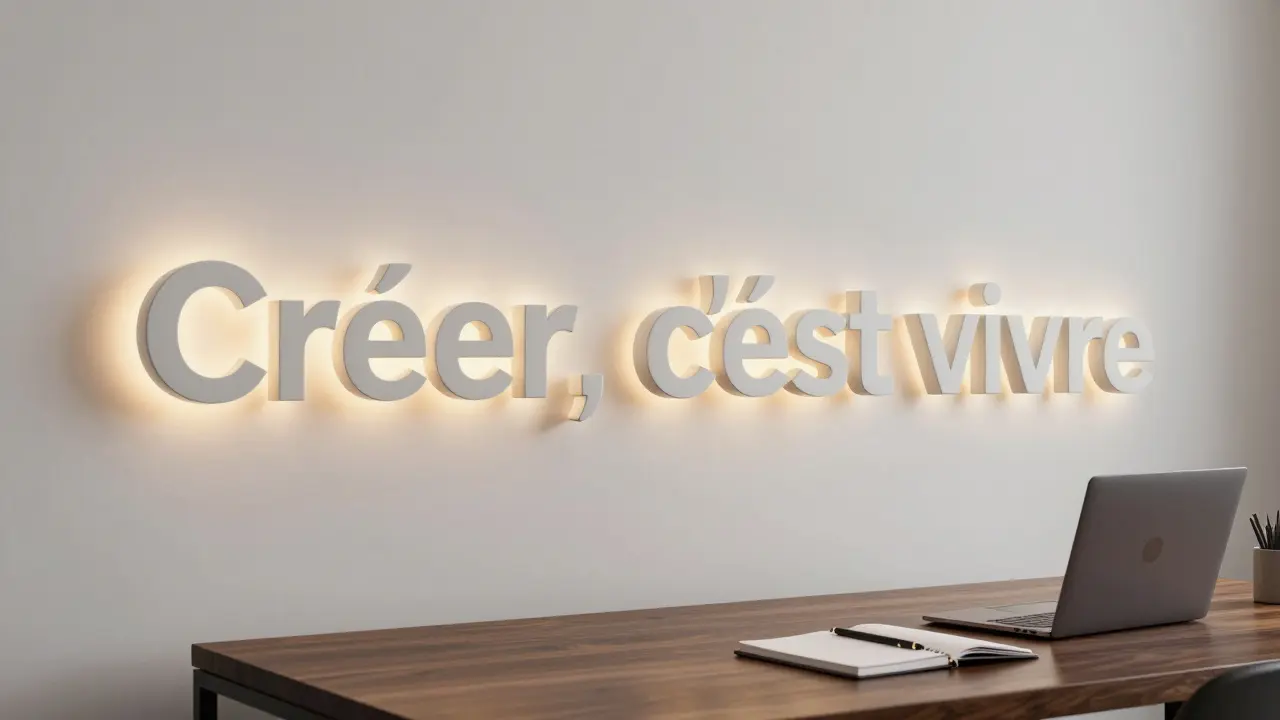 Des lettres 3D en PVC flottantes 'Créer, c’est vivre' éclairées par une bande LED dans un bureau.