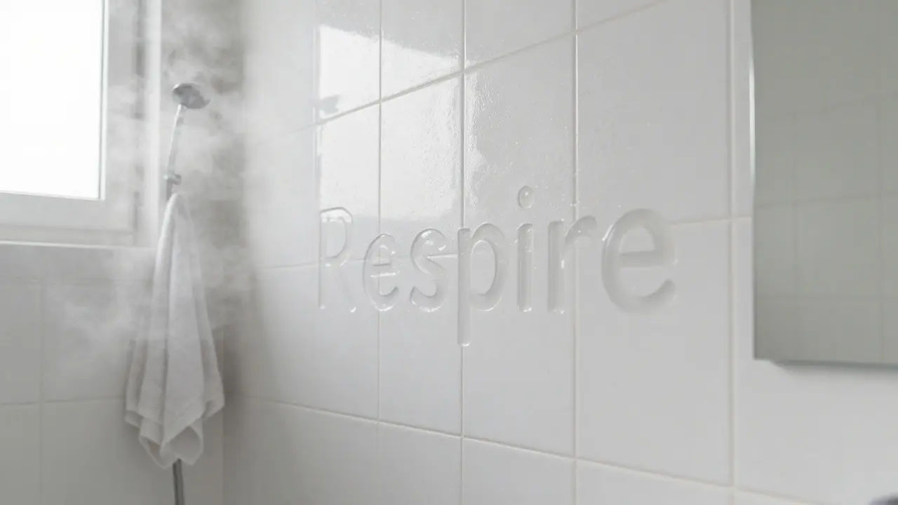 Des lettres adhésives 'Respire' sur un mur de salle de bain, avec de la vapeur et un miroir.