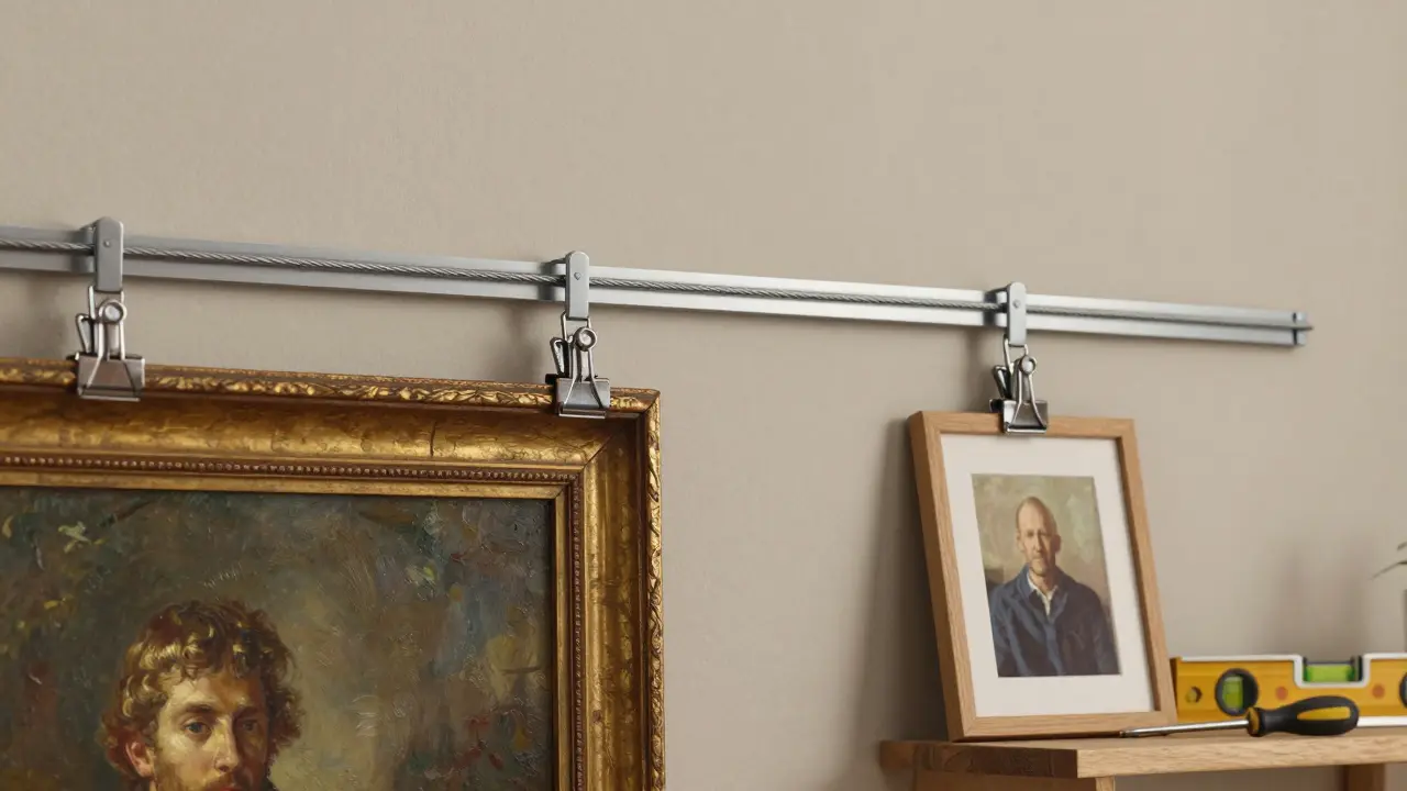 Détail d'un système Click Rail avec des crochets portant des cadres de tailles et poids différents, installé sur un mur neutre.