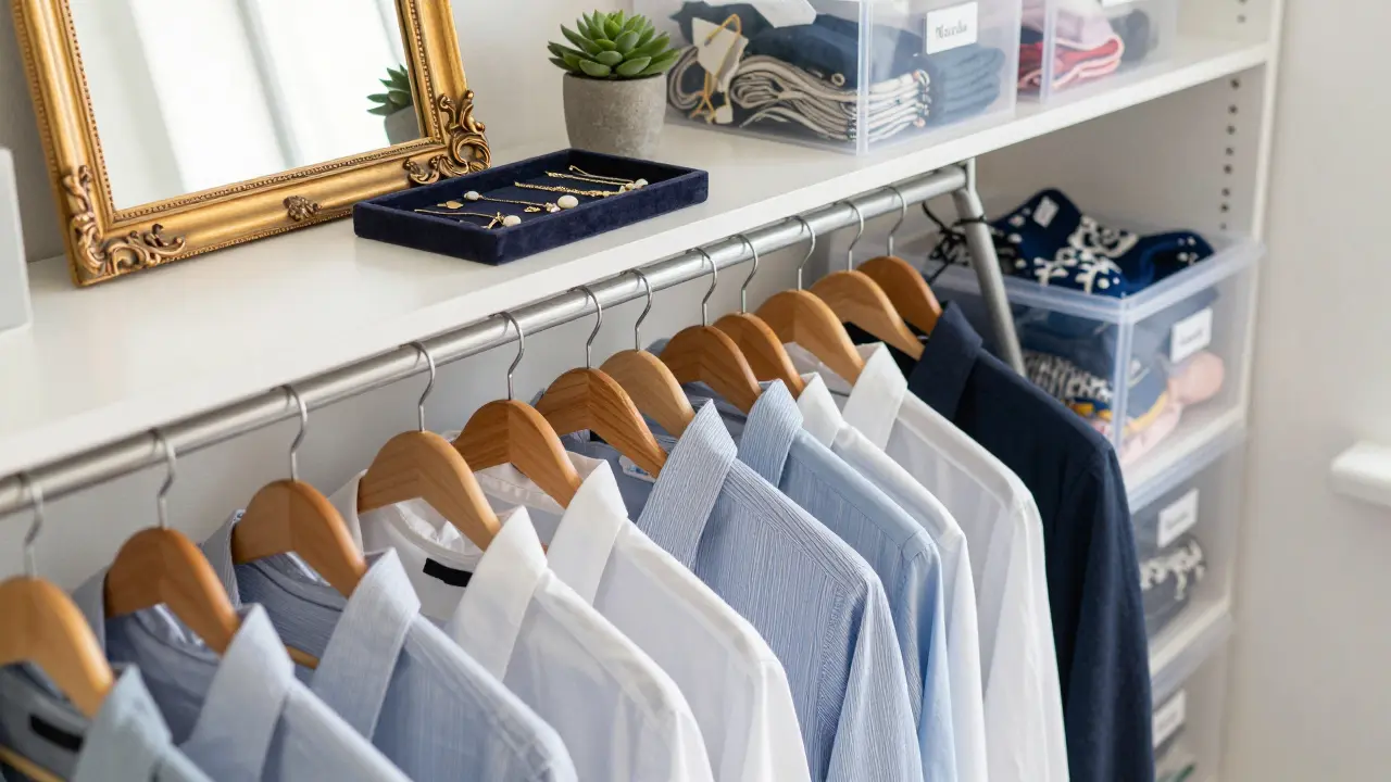 Détail d’un coin de dressing avec des chemises sur cintres en bois, un plateau à bijoux et un miroir vintage sous la lumière naturelle.