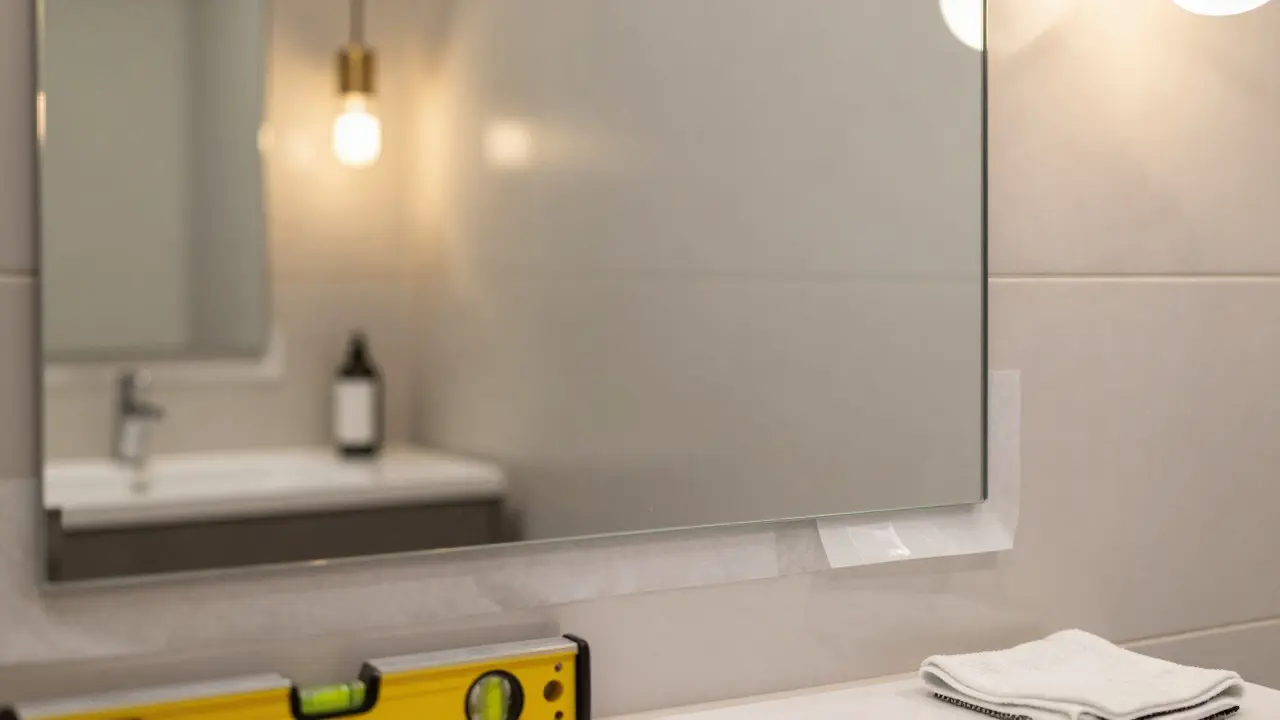 Détail de l'installation d'un miroir adhésif sur une tuile de salle de bain, avec un niveau et un chiffon.