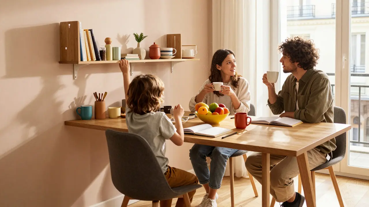 Famille déjeuner autour table repliable en espace minimaliste