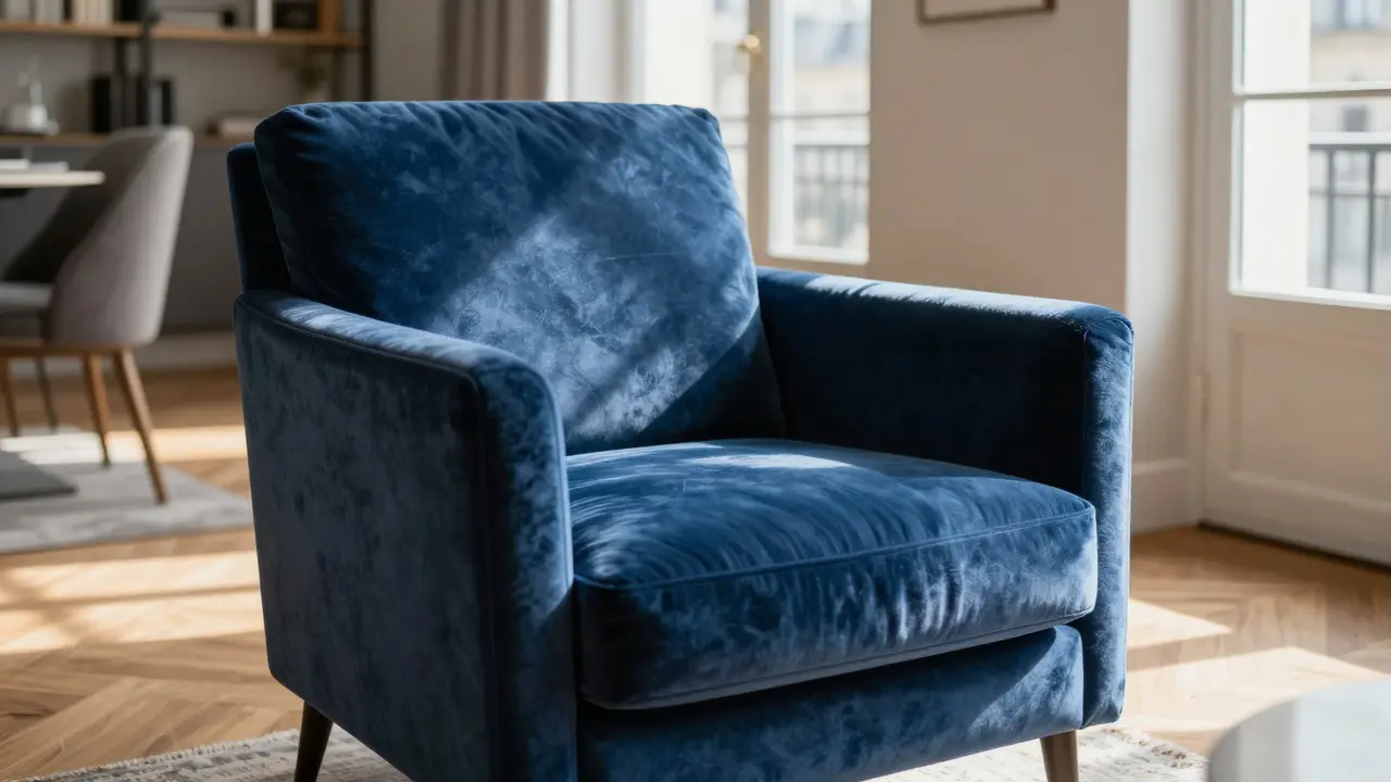 Fauteuil en velours bleu dans un salon baigné de lumière naturelle.