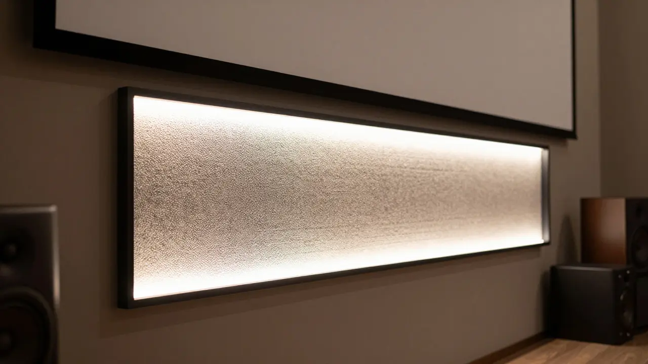 Lampe acoustique intégrée éclairant doucement un mur mate, sans reflet sur l'écran, dans une salle de cinéma domestique.