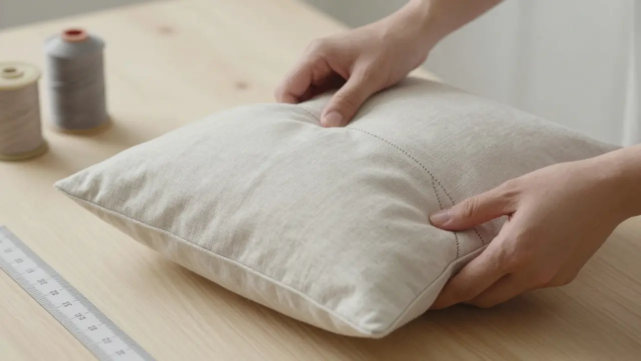 Mains en train d'insérer un coussin dans une housse cousue sur trois côtés avec un ourlet invisible.