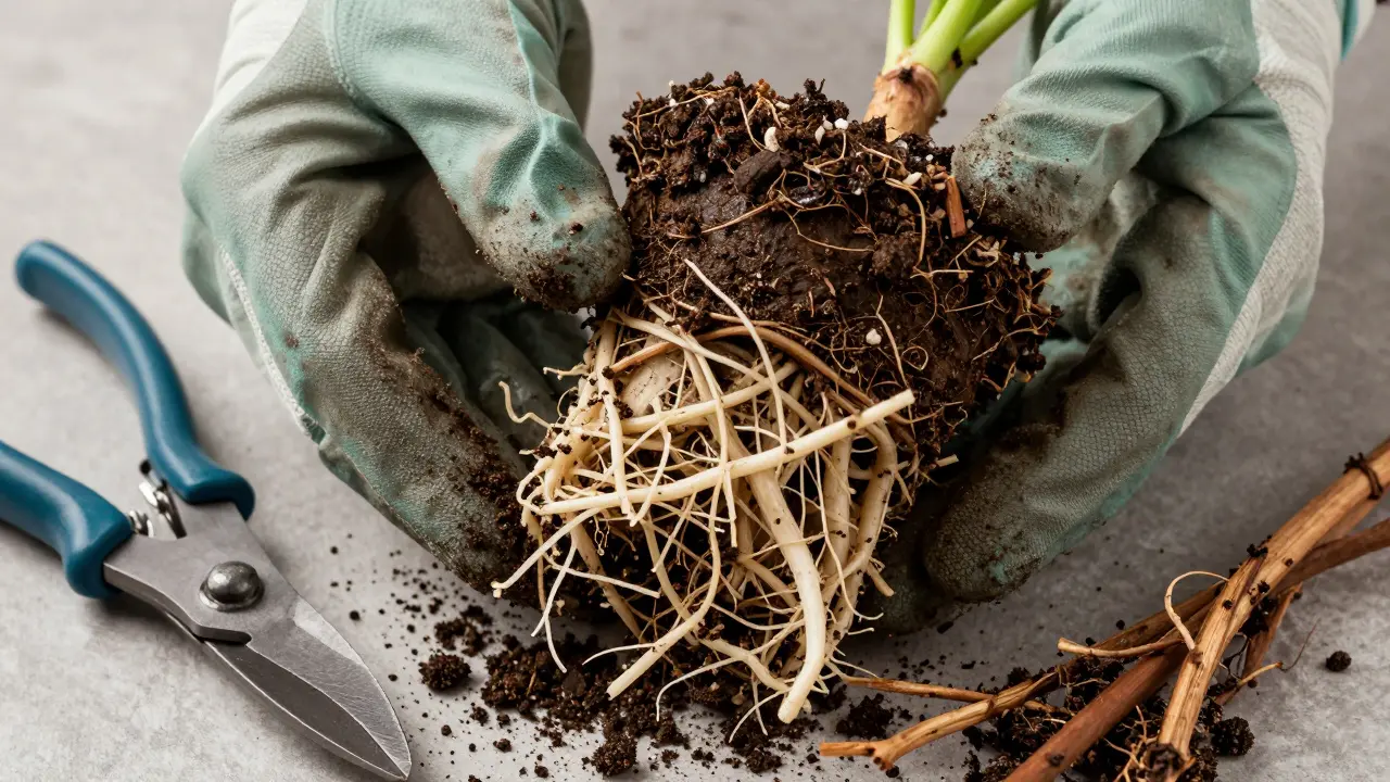 Mains gantées rempotant une plante avec des racines visibles