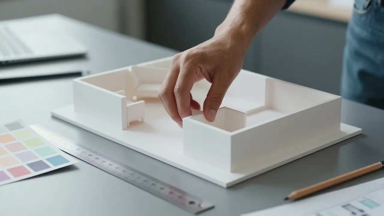 Modèle architectural en 3D sur un bureau de travail professionnel.