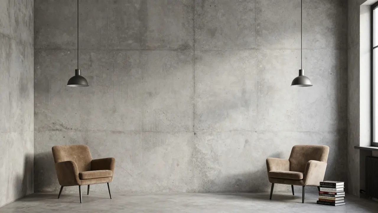 Murs en béton poli dans un loft parisien, révélant des granulats naturels, avec un fauteuil vintage et des livres d'art.