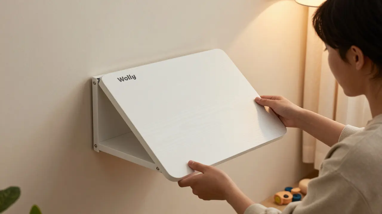 Personne qui replie un bureau mural Wolly B contre un mur blanc dans un intérieur chaleureux, avec un jouet d'enfant au sol.