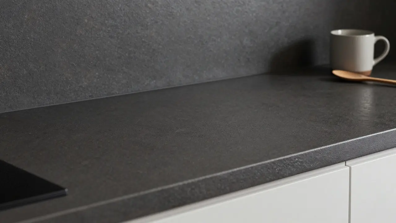 Plan de travail en béton décoratif couleur anthracite, sans joint, avec une tasse en céramique et une cuillère en bois.