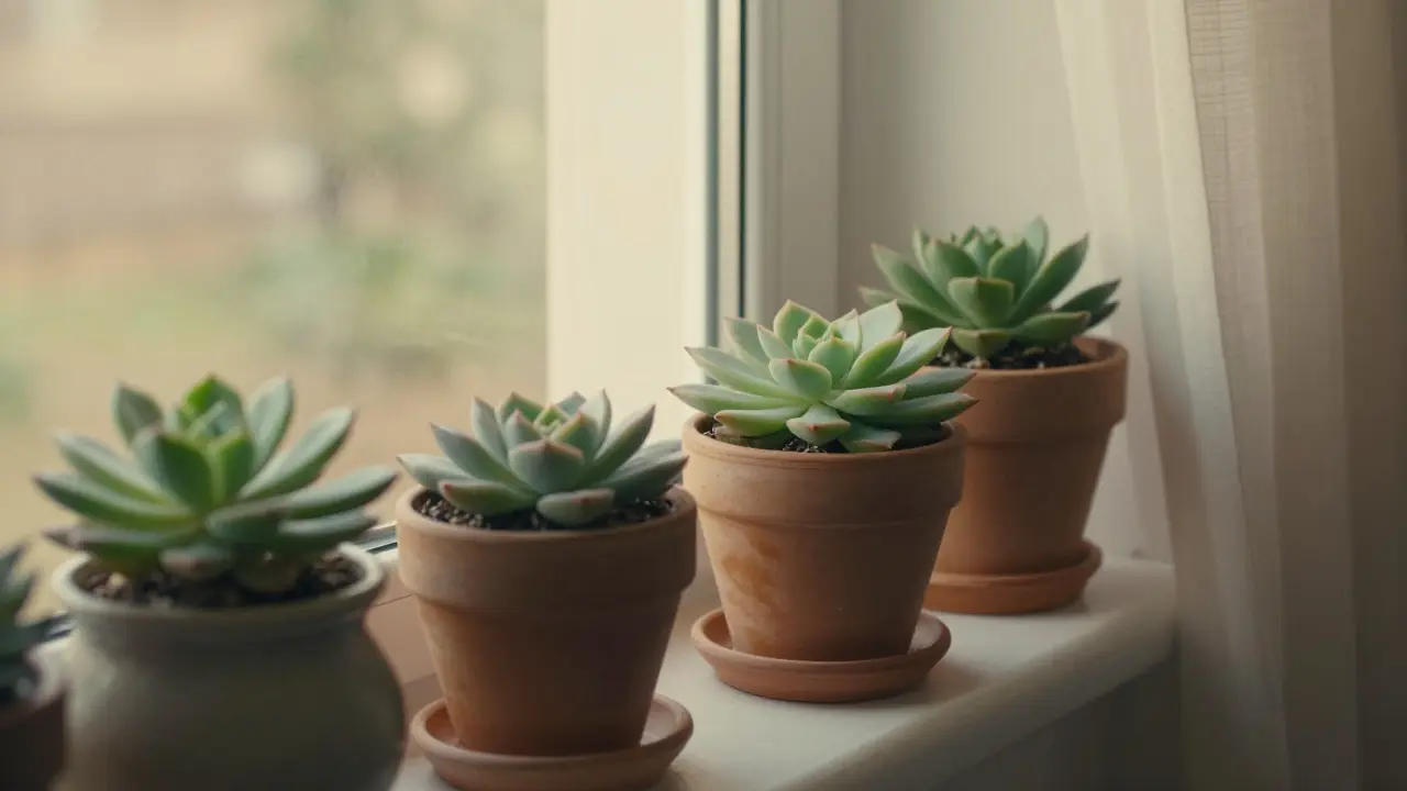 Plantes succulentes dans un pot près d'une fenêtre avec lumière naturelle filtrée