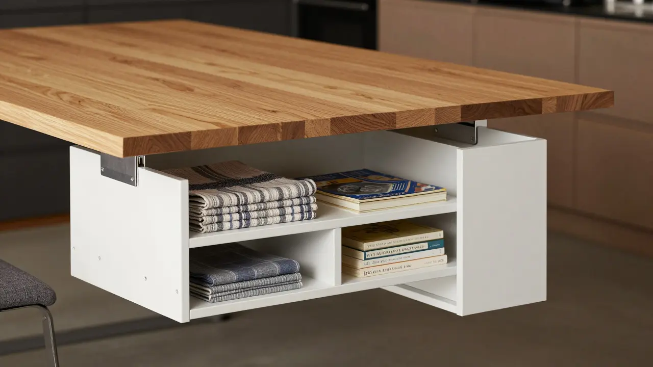 Plateau déplié avec rangements intégrés et mécanisme mural