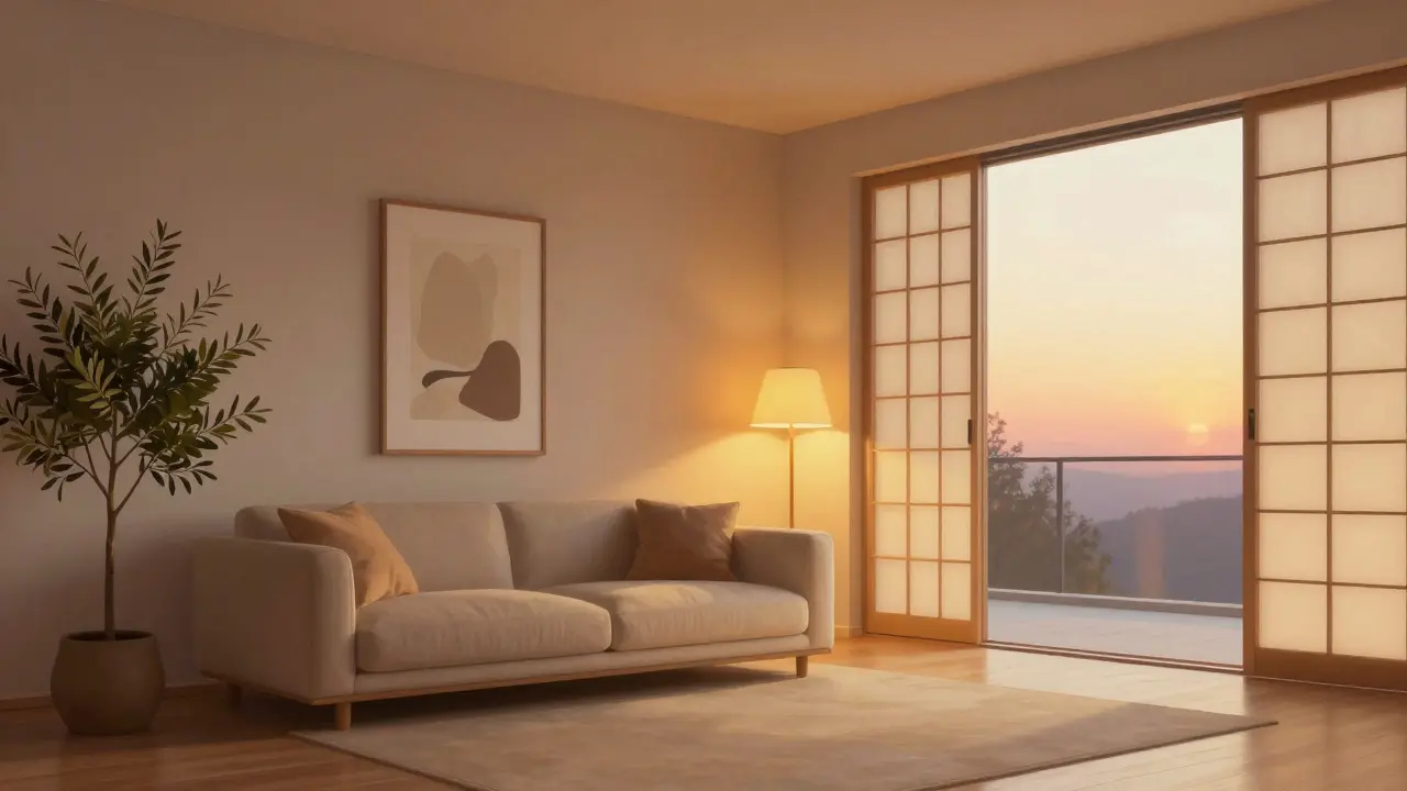 Salon épuré baigné de lumière dorée