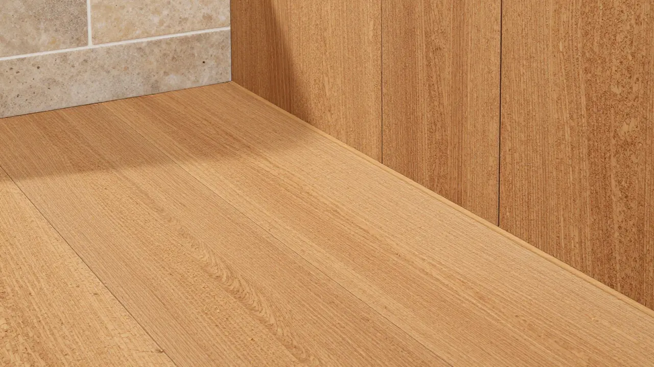 Sol et murs en liège dans une salle de bain, résistant à l'humidité avec finition naturelle.