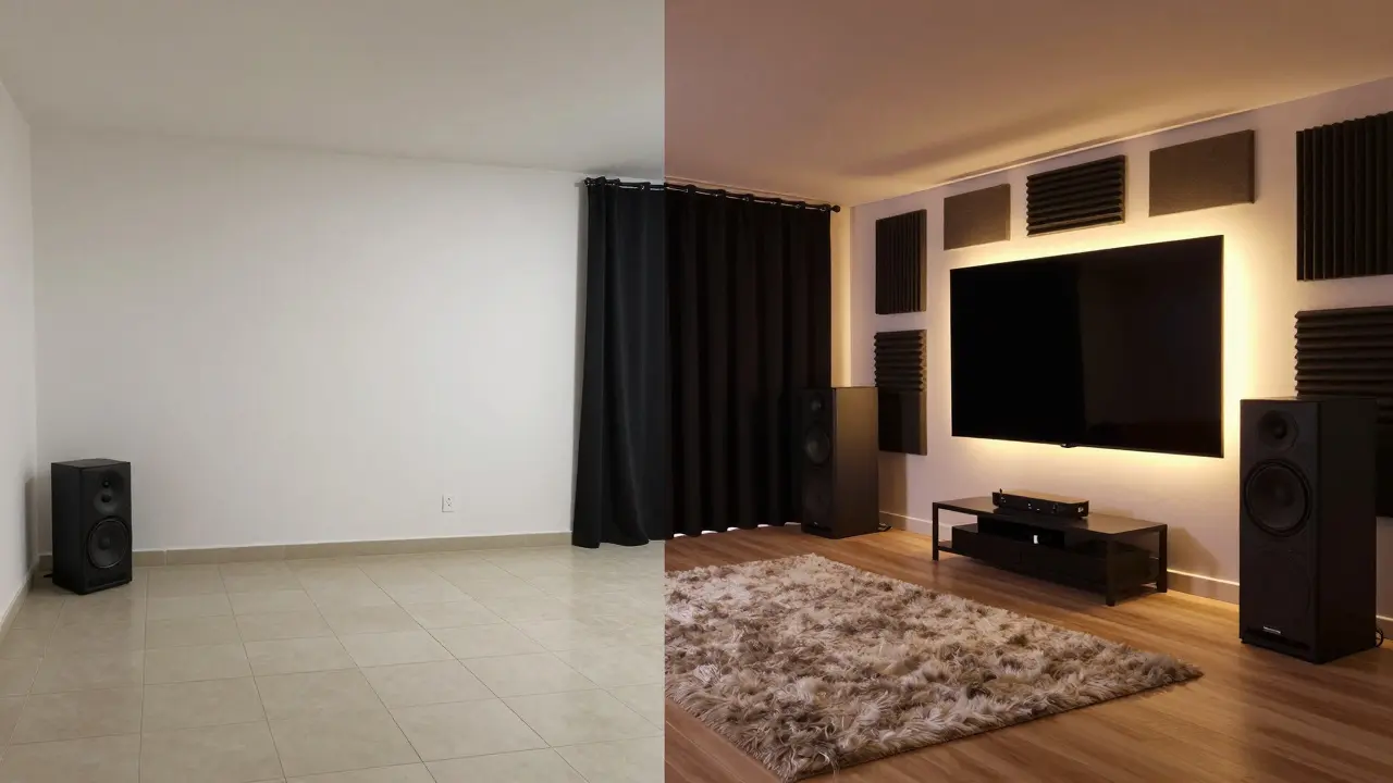Transformation d'une pièce banale en salle multimédia optimisée : avant et après avec traitement acoustique et éclairage intelligent.