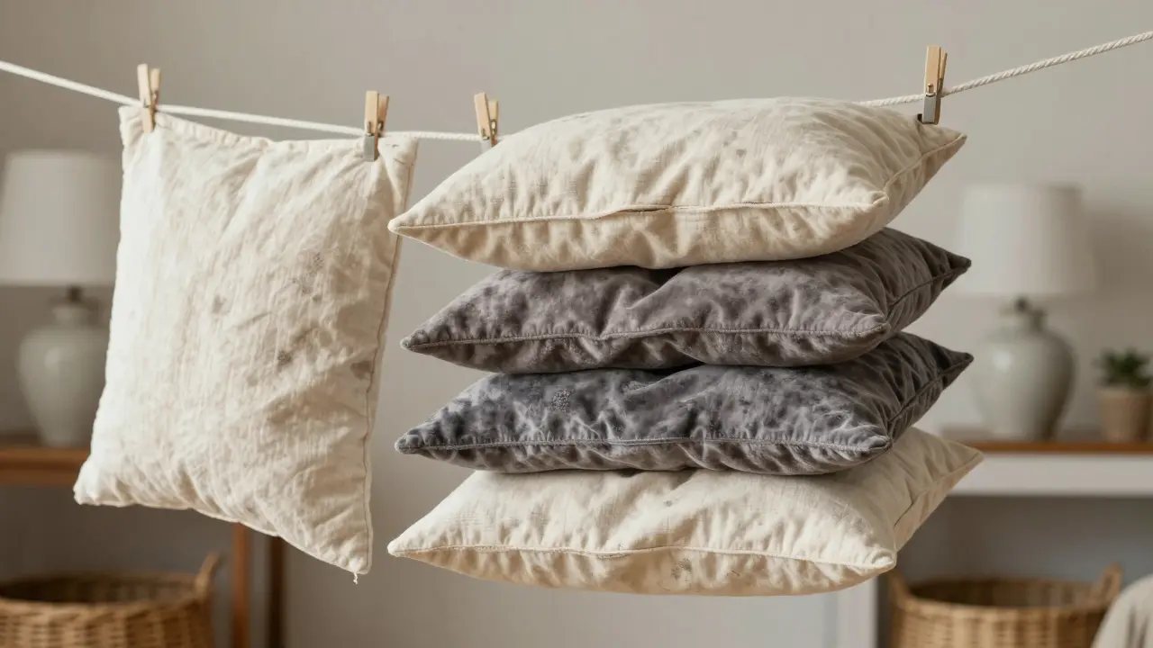 Trois housses de coussin faites main suspendues sur une corde à linge, avec rabats de fermeture.