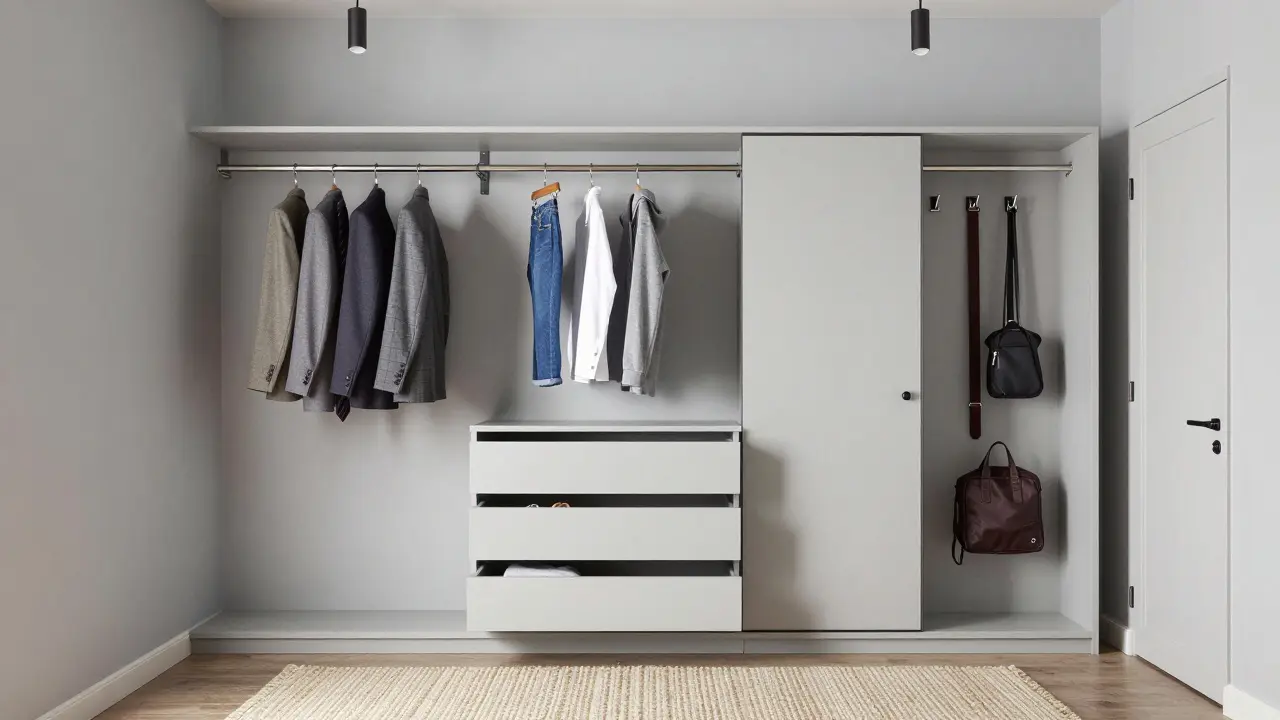 Trois zones fonctionnelles dans un dressing : tenue de travail, vêtements décontractés et sport, avec un miroir et un tapis doux.