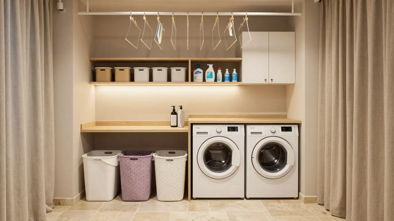 Trois zones fonctionnelles dans une buanderie : tri, lavage et séchage, avec paniers en tissu et étagères ouvertes étiquetées.