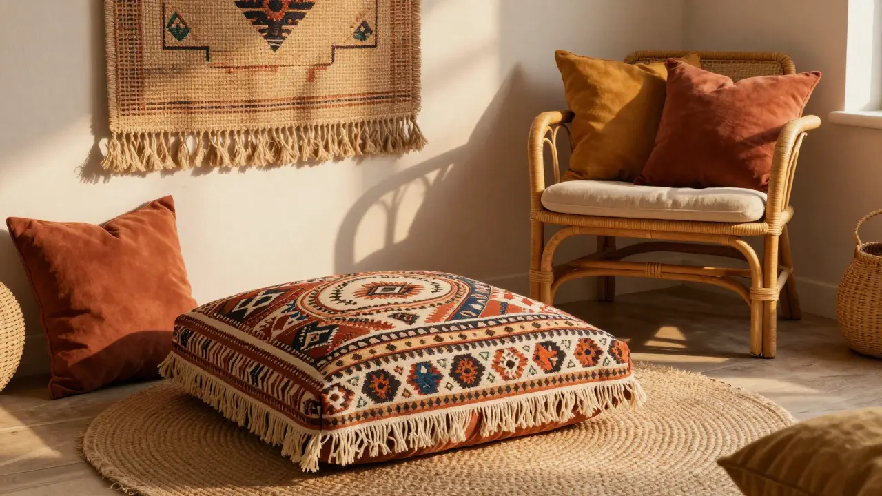 Un coin bohème avec un coussin de sol en jute et des coussins aux teintes chaudes près d'un fauteuil en rotin.
