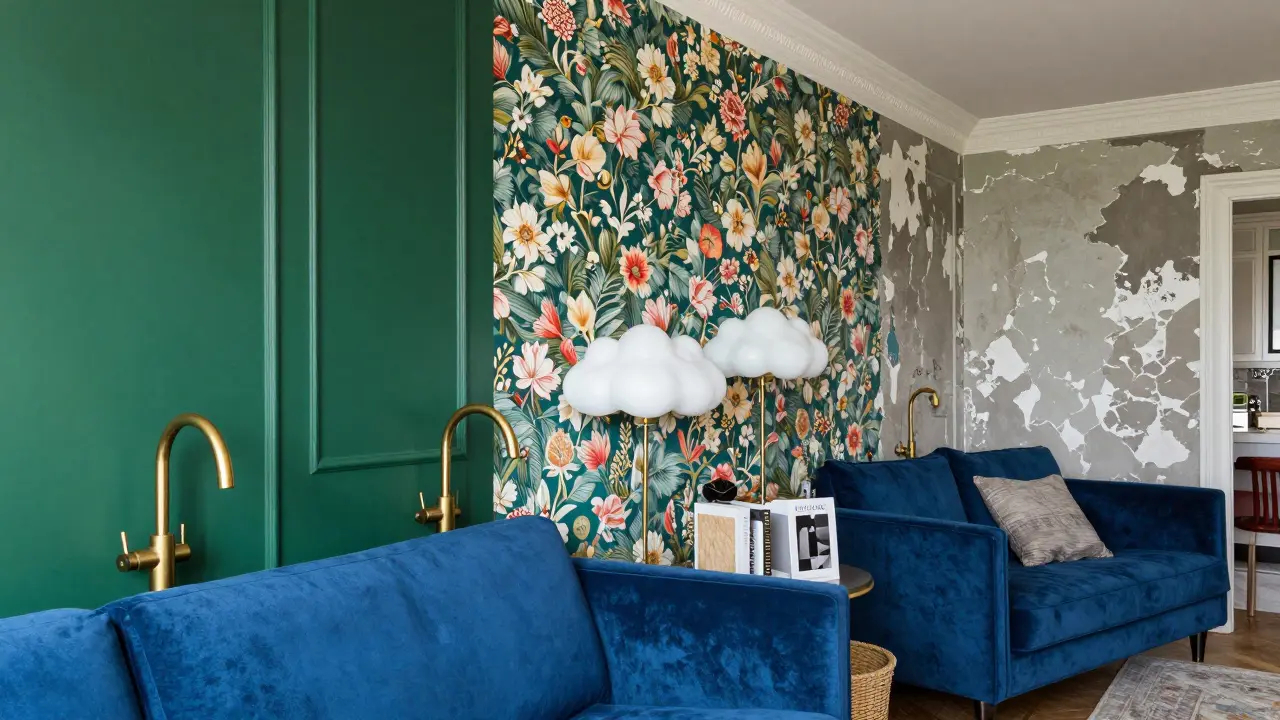 Un intérieur daté des années 2018 avec des murs vert émeraude, un canapé en velours bleu et un éclairage en forme de nuage, montrant la démodé des tendances éphémères.