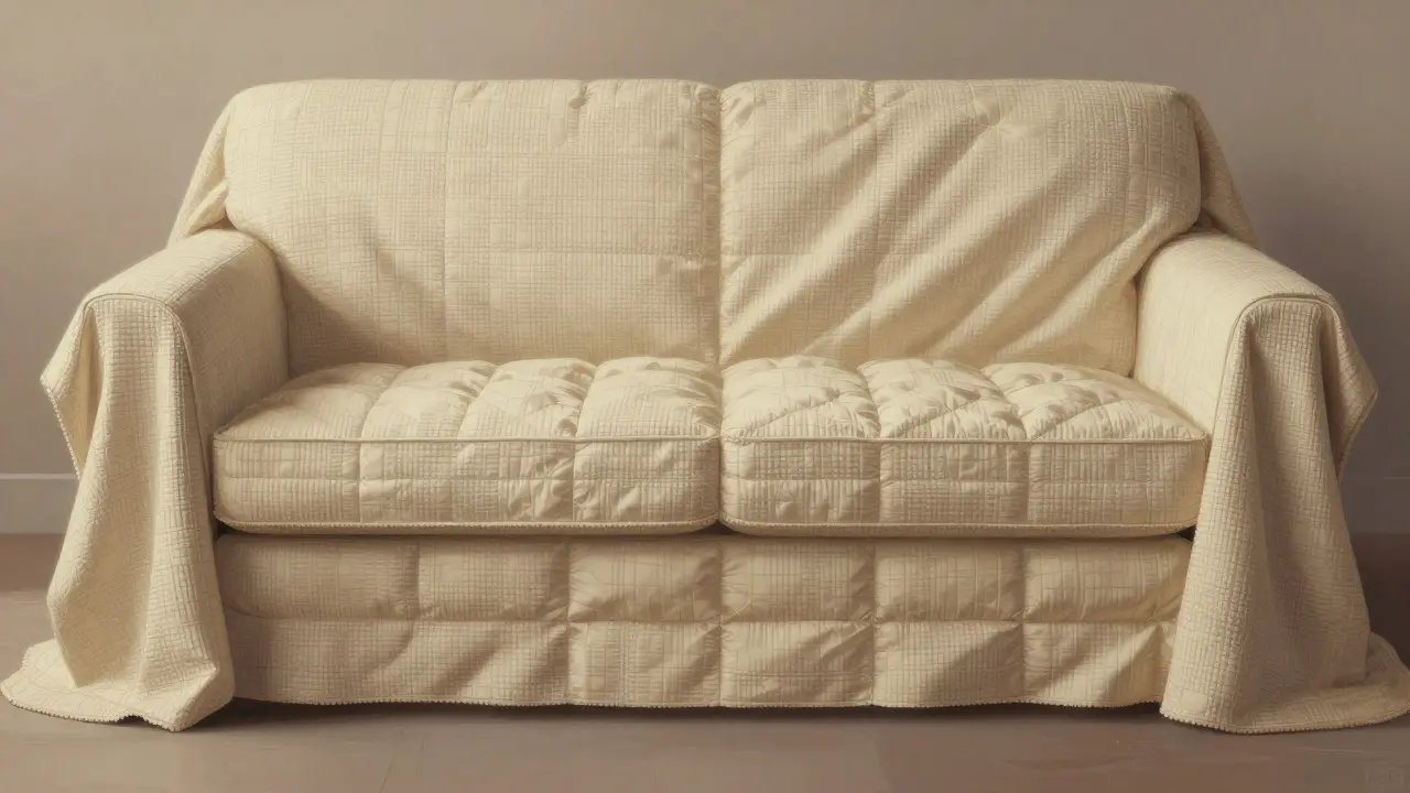 Un jeté de canapé en jacquard recouvrant entièrement un canapé, avec des plis profonds et une couche isolante visible.