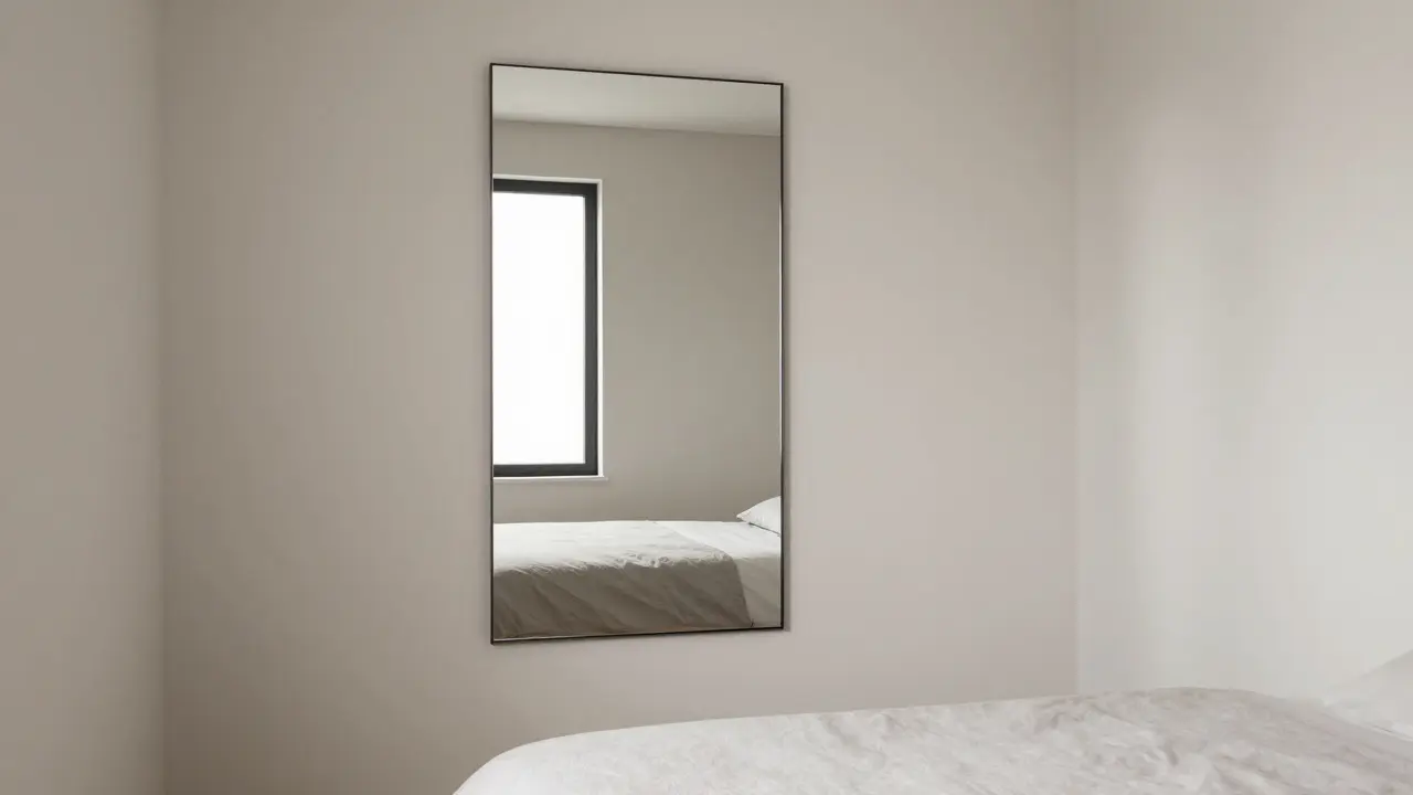 Un miroir unique suspendu à hauteur des yeux dans une chambre petite, reflétant une fenêtre pour agrandir l’espace.