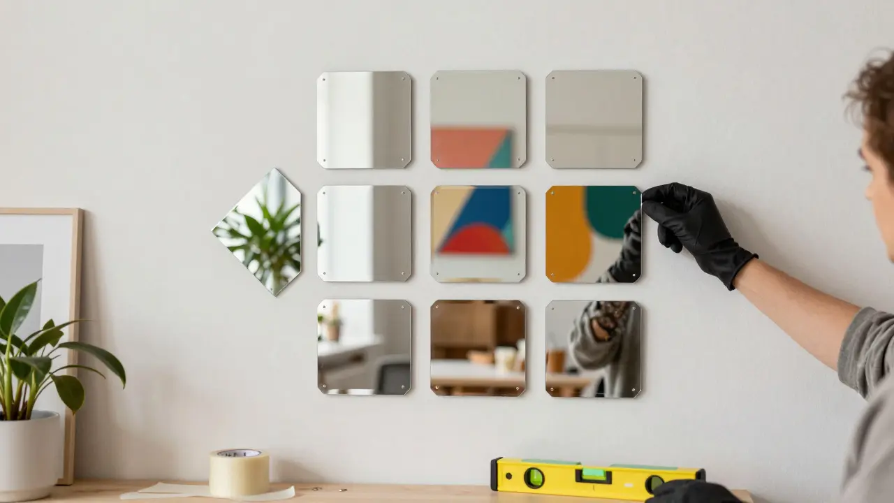Un mur de neuf petits miroirs adhésifs disposés en losange, créant un effet artistique et moderne.