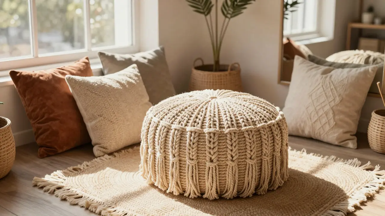 Un pouf en macramé naturel avec des coussins texturés dans un intérieur bohème bien éclairé.