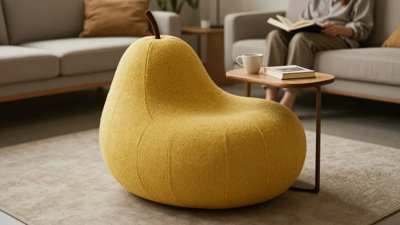 Un pouf en tricot jaune moutarde avec une table intégrée, utilisé comme siège et surface de lecture.
