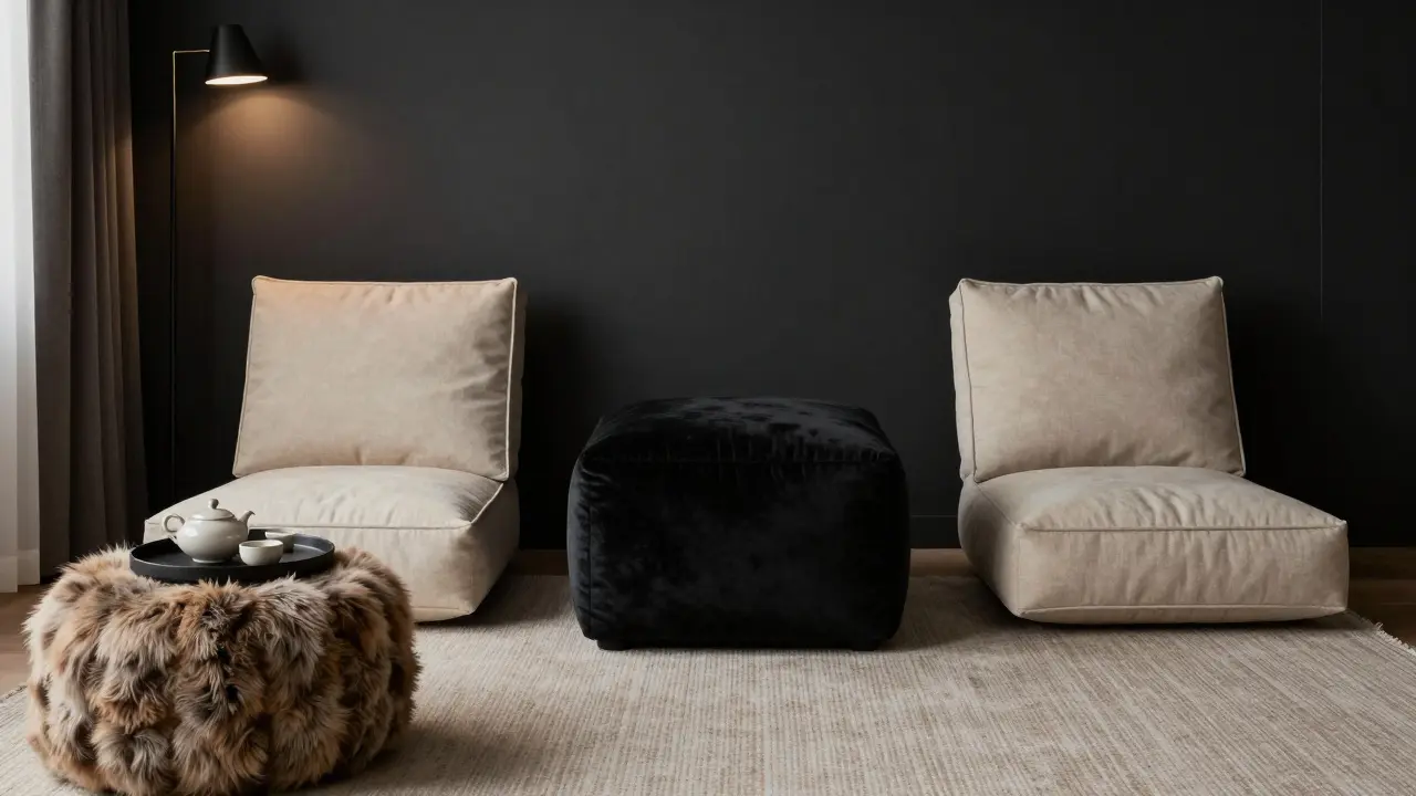 Un pouf en velours noir au centre d'un salon moderne, entouré de coussins de sol et d'un petit pouf en fausse fourrure.
