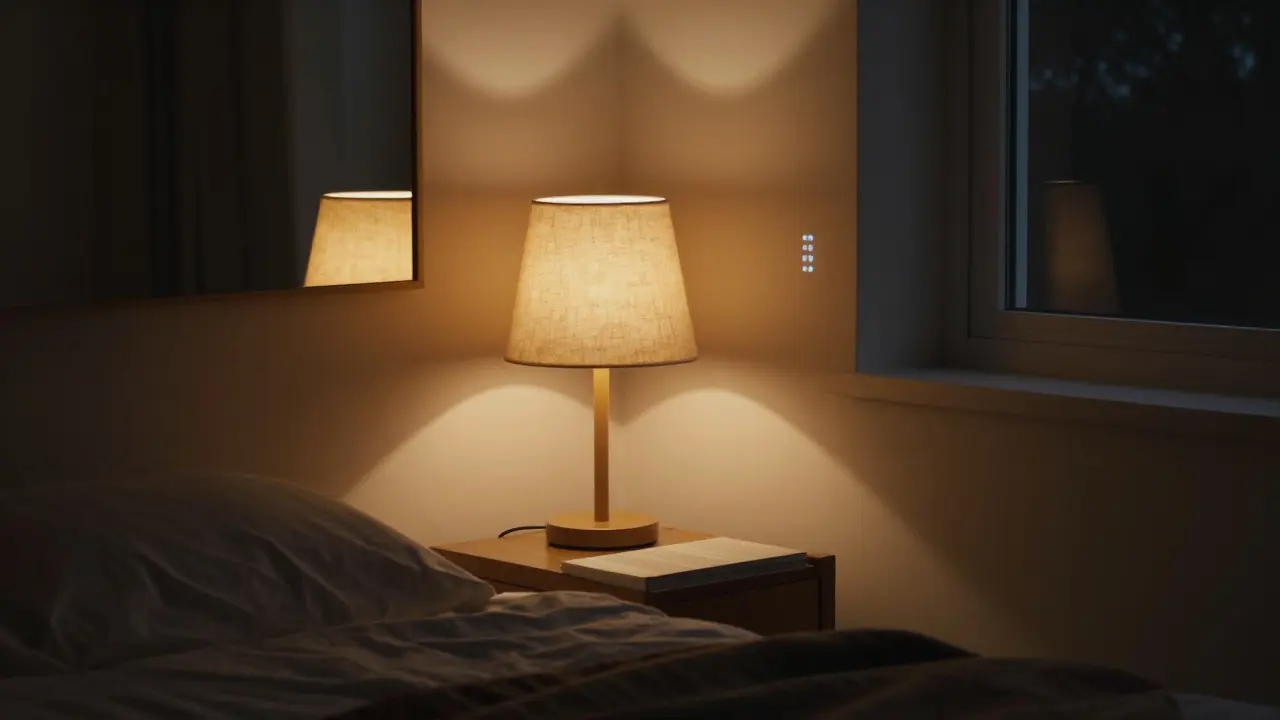 Une chambre calme la nuit, éclairée uniquement par une lampe de chevet chaude et un miroir qui réfléchit la lumière douce et apaisante.