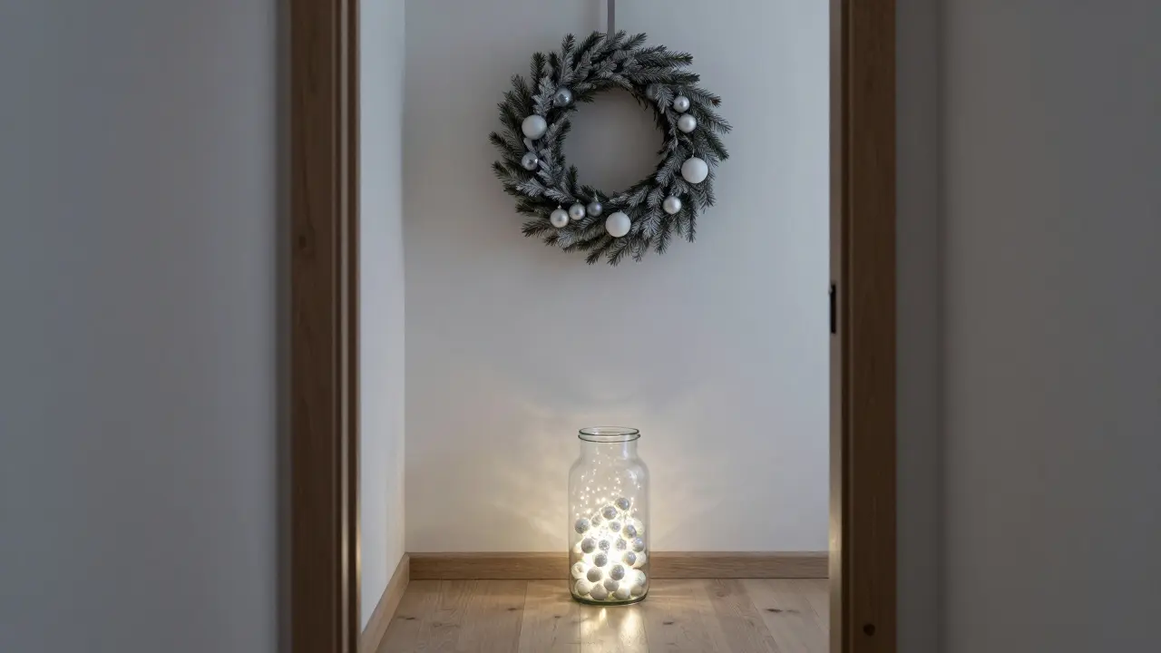 Une couronne de porte en branches de pin avec des boules en verre mate blanches et argentées, éclairée par une lampe à LED.