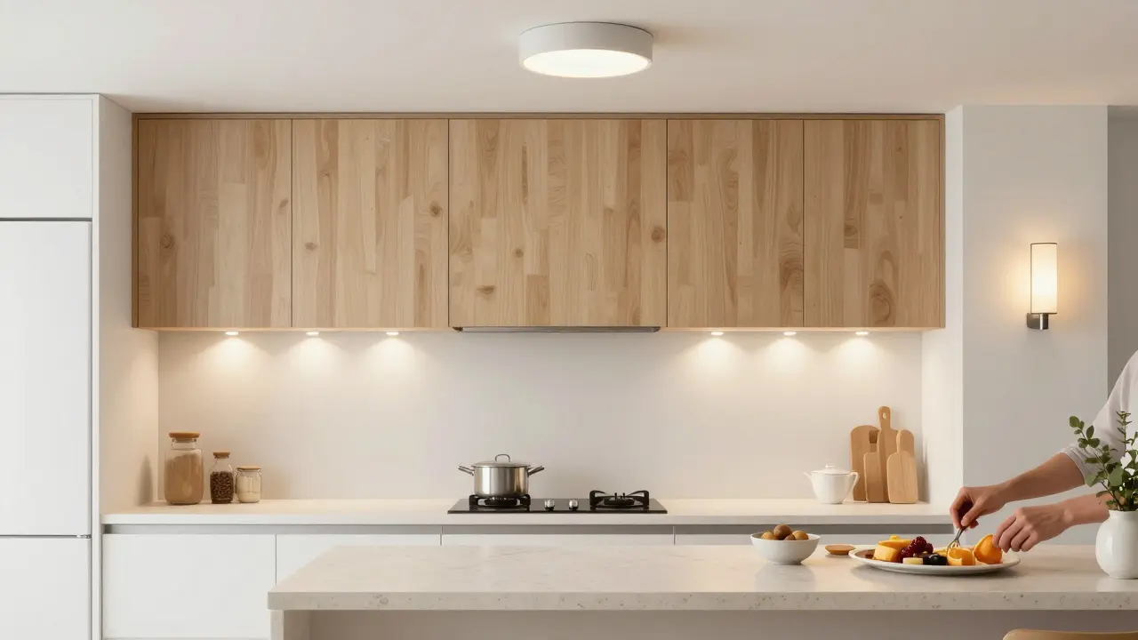 Une cuisine française bien éclairée le matin, avec des spots sous-meubles, un éclairage général et une lampe murale pour une lumière naturelle et fonctionnelle.