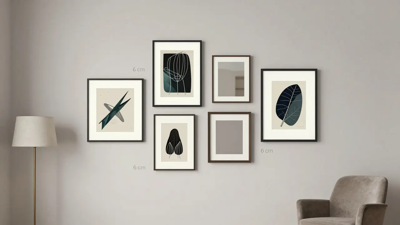 Une galerie de cinq cadres asymétriques sur un mur gris, avec un miroir au milieu, éclairée par une lampe douce.