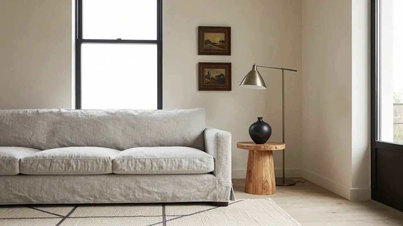 Une pièce rénovée avec un canapé en lin gris, un tapis géométrique discret et un seul vase en céramique noire, mettant en valeur l'équilibre entre intemporel et tendance.